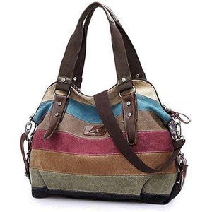 Canvas Handbag Striped Lattice Cross Body Shoulder Purse Bag Tote-Handbag